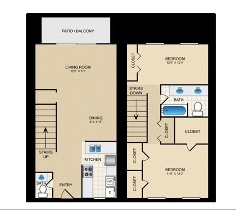 a floor plan of a one bedroom apartment with two bathrooms and a balcony