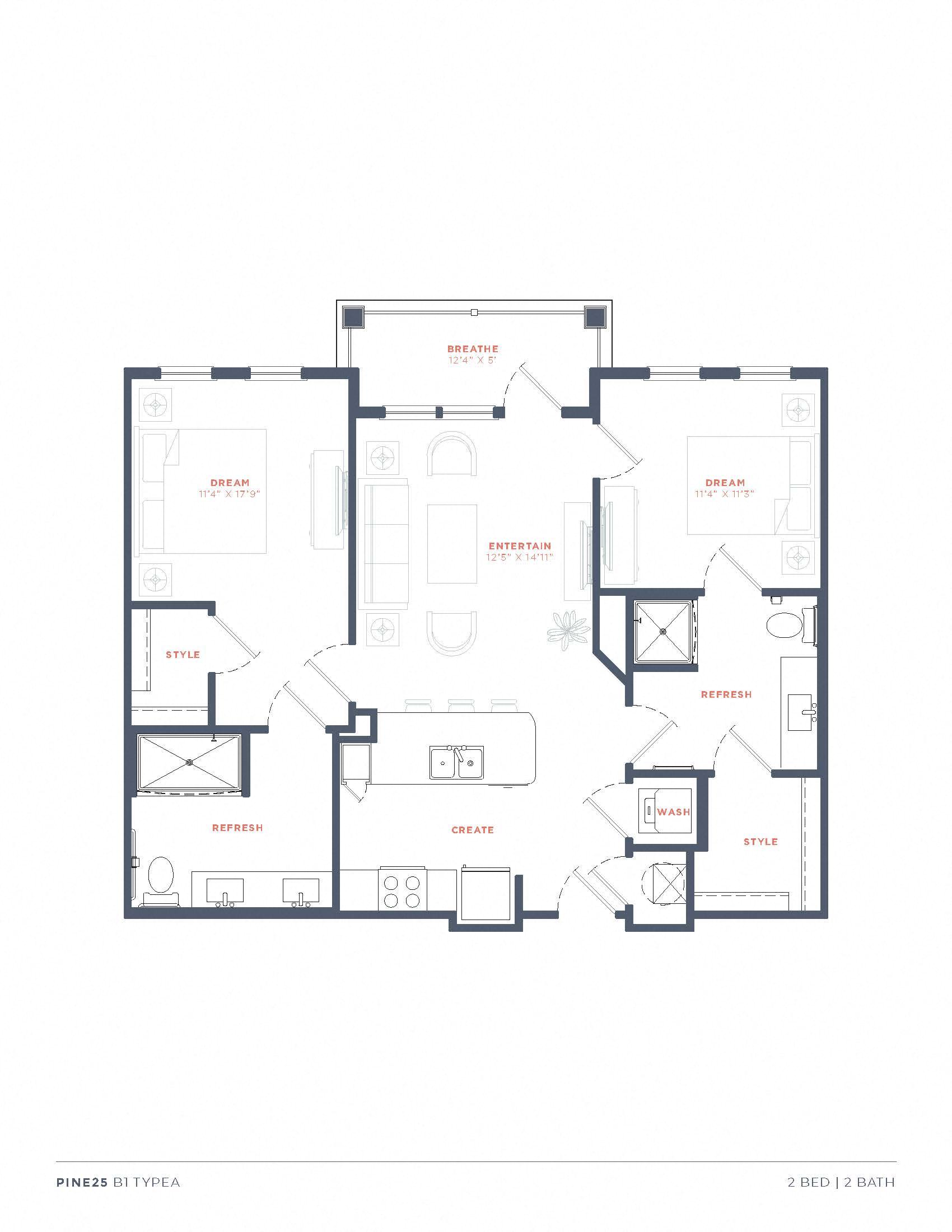 A floor plan of a two bedroom, two bath apartment.