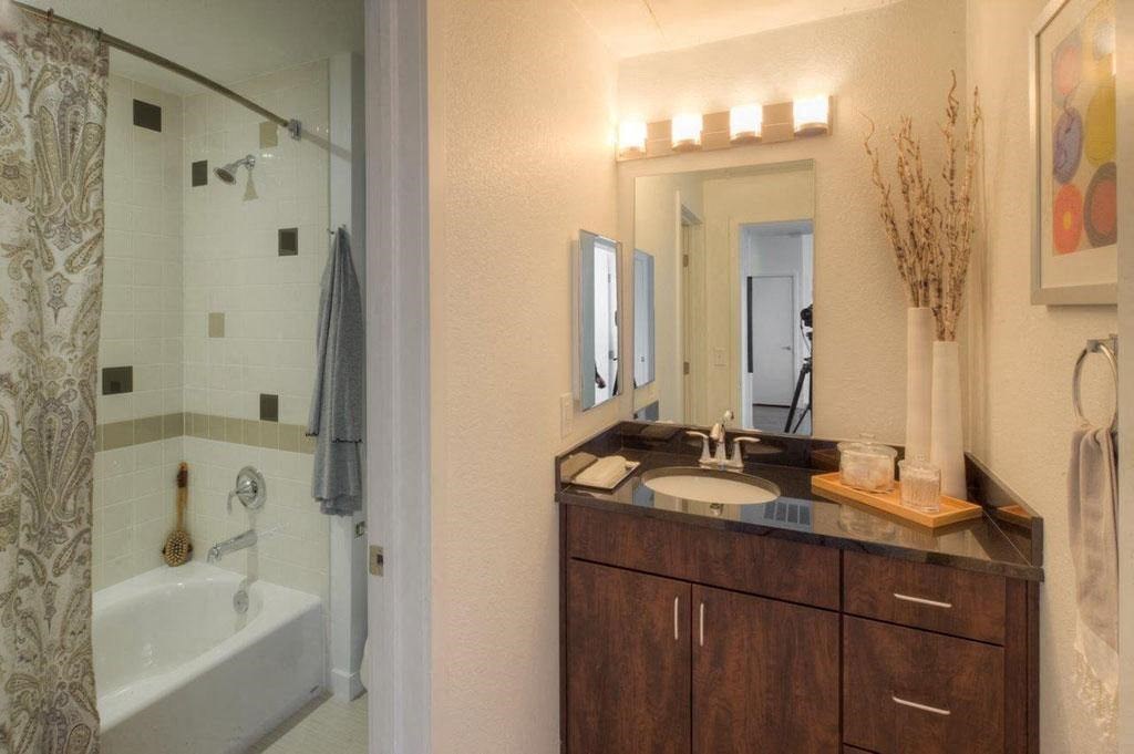 a bathroom with a sink and a shower and a mirror