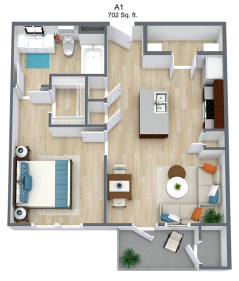 A 702 square foot apartment includes a living room, kitchen, and two bedrooms.