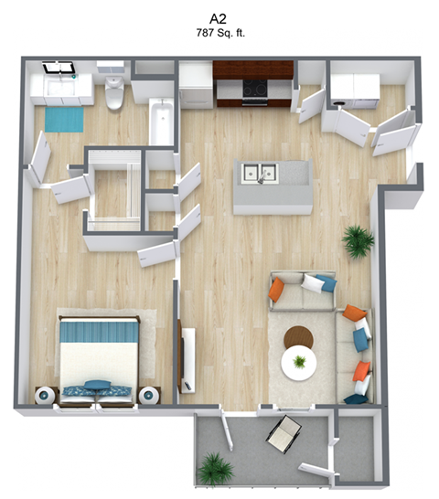 A 2 bedroom apartment with a living room, kitchen, and bathroom.