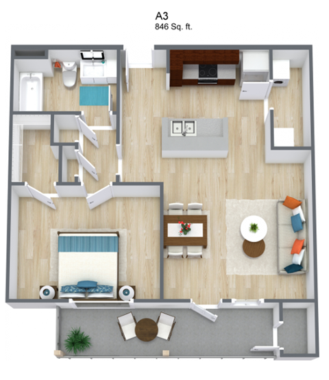A 3D floor plan of a 846 square foot apartment.
