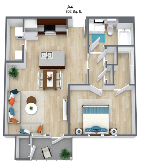 A 802 square foot floor plan for apartment A4.