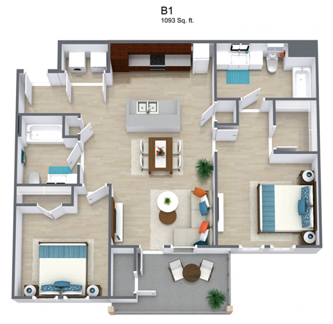 A 3D floor plan of apartment B1 with a total area of 1093 square feet.