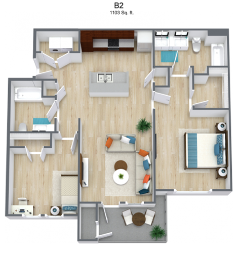 A 3D floor plan of apartment B2, which is 1103 square feet.