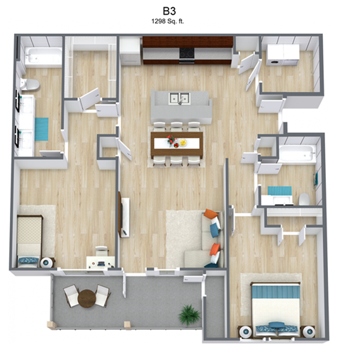 A 3D floor plan of apartment B3, which is 1298 square feet.