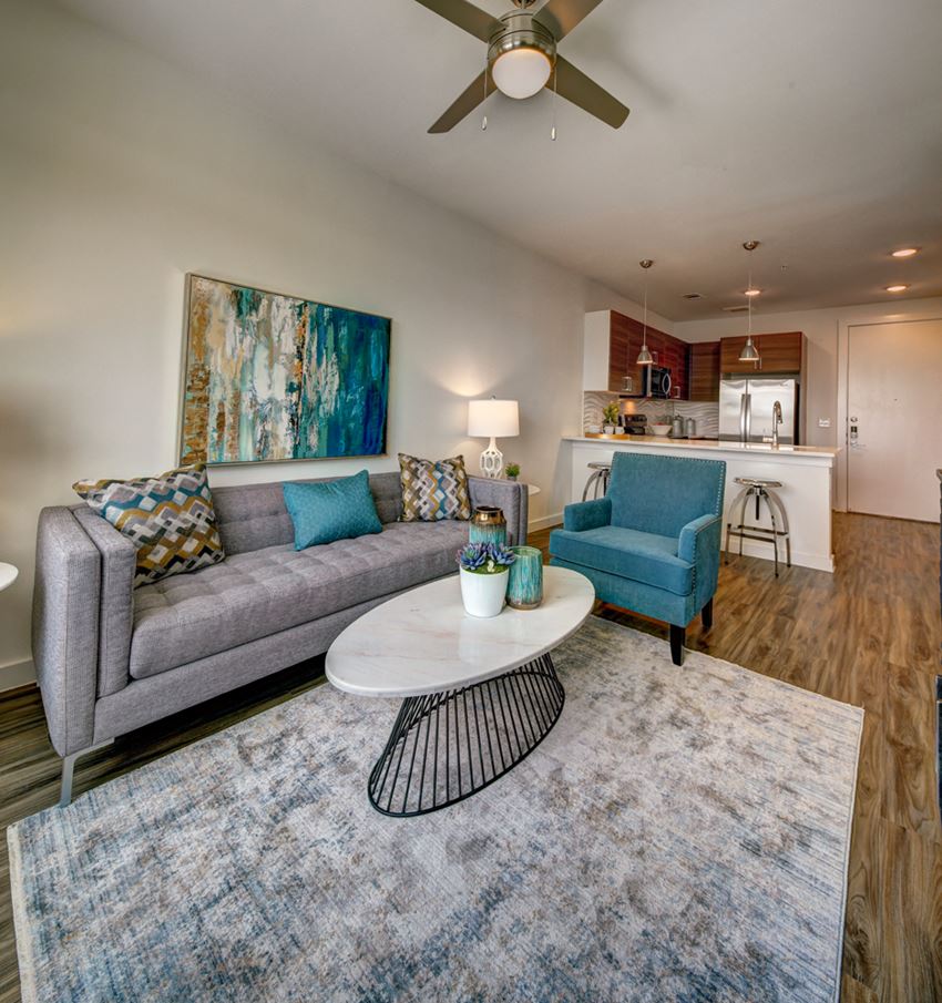 living room with grey sofas living room with grey sofas at Brixton South Shore, Austin, Texas