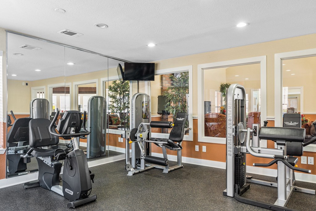 a gym with cardio equipment and a flat screen tv