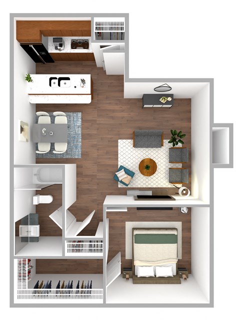 a stylized floor plan of a 1 bedroom apartment