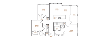 A floor plan of a house with three bedrooms and a living area.