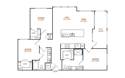 A floor plan of a house with three bedrooms and a living area.