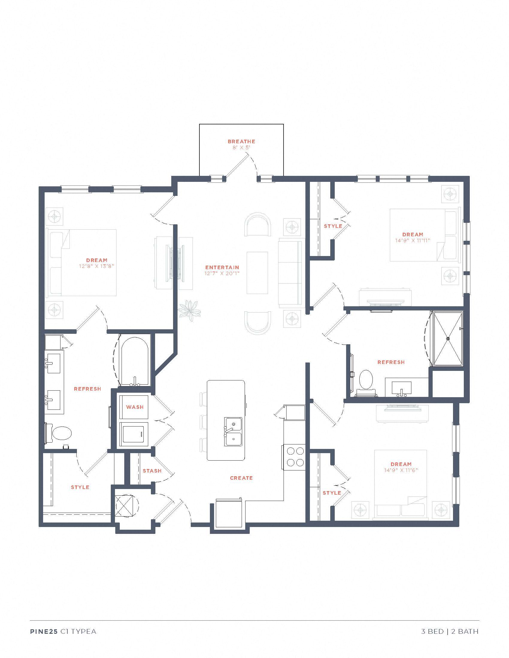 A floor plan of a 3 bedroom, 2 bathroom property.