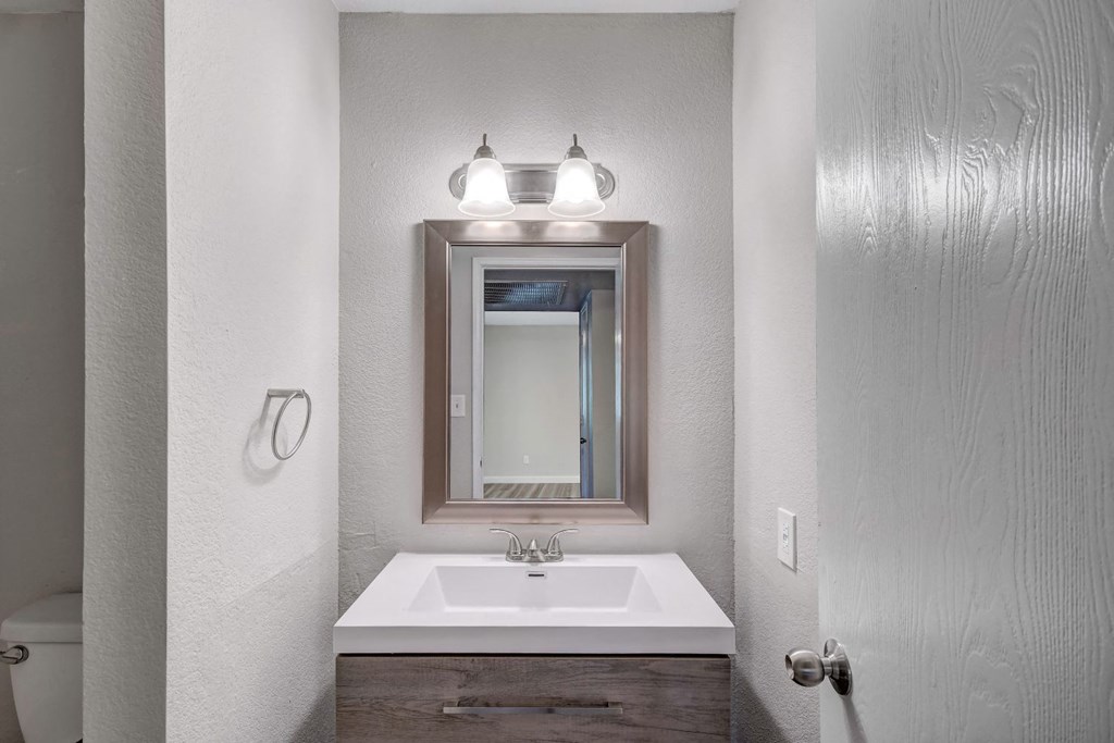 a bathroom with a sink and mirror