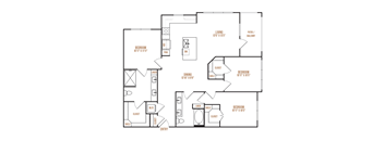 A floor plan of a house with a living room, dining room, and three bedrooms.
