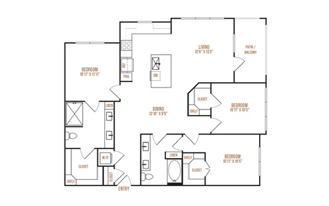 A floor plan of a house with a living room, dining room, and three bedrooms.