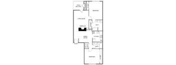 A black and white floor plan of a house with a living room, dining room, kitchen, and two bedrooms.