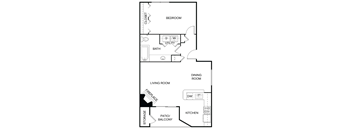 A floor plan of a home with a bedroom, living room, kitchen, and storage.