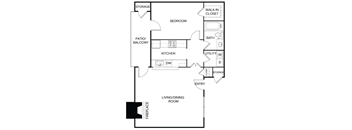 A floor plan of a home with a living room, kitchen, patio, and bedroom.