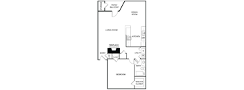 A floor plan of a home with a living room, dining room, kitchen, and bedroom.