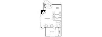 A floor plan of a house with a living room, dining room, kitchen, and bedroom.