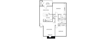 A floor plan of a home with a living room, dining room, kitchen, and two bedrooms.
