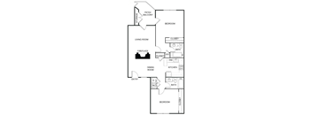 A floor plan of a home with a living room, dining room, kitchen, and two bedrooms.