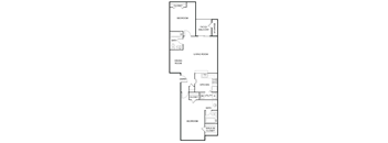 A floor plan of a house with labeled rooms such as bedroom, bath, and kitchen.