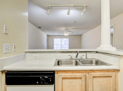 A kitchen with a black dishwasher and a white countertop.