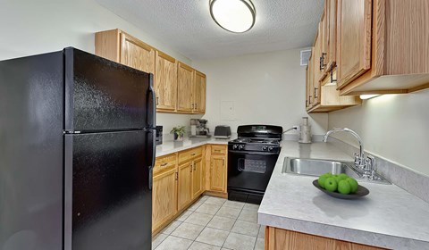 A black refrigerator is in a kitchen with wooden cabinets.