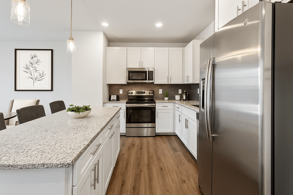 A modern kitchen with a refrigerator on the right.