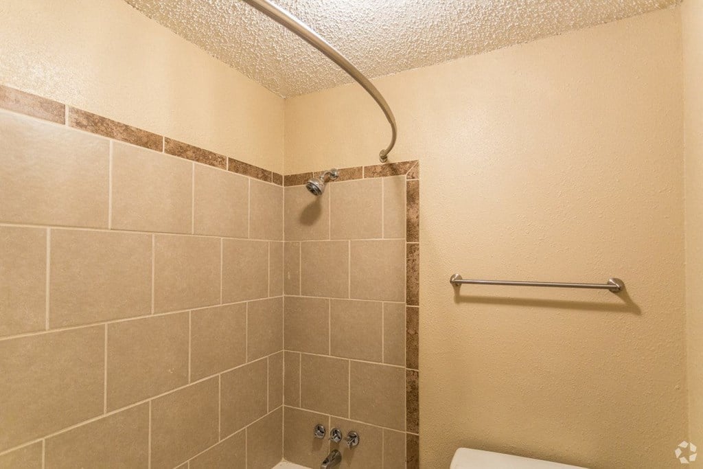 a bathroom with a shower and a toilet