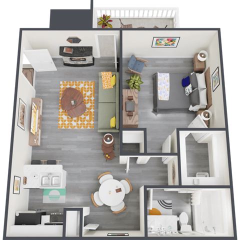 a 3d rendering of our 1 bedroom apartment at princeton court apartments in dallas