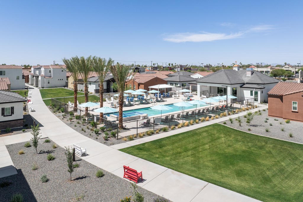 A pool surrounded by palm trees and a red bench.