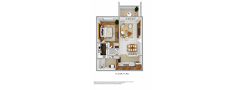 A floor plan of a small apartment with a living room, kitchen, and bathroom.