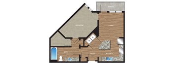 A floor plan of a house with a porch, living room, kitchen, bathroom, and bedroom.