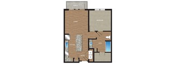 A floor plan of a house with a living room, kitchen, bathroom, bedroom, and porch.
