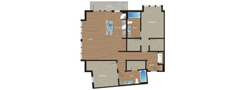 A floor plan of a house with a porch, two bedrooms, a living room, a kitchen, a bath, and an entry.