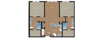 A floor plan of a house with two bedrooms, a living room, a kitchen, a bathroom, and a dining area.