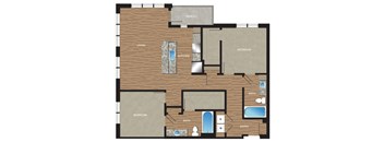 A floor plan of a house with a kitchen, two bedrooms, a bathroom, and a porch.