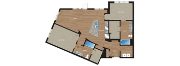 A floor plan of a house with two bedrooms, a living area, a kitchen, a bathroom, and a separate entry.