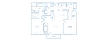 A floor plan of a house with two bedrooms, a living area, a dining area, a kitchen, a bathroom, a shower, a washer and dryer, a linen closet, a walk-in closet