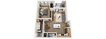 a 3d rendering of a floor plan with a bedroom and living room