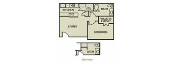 A floor plan of a home with a living room, kitchen, bedroom, and bathroom.
