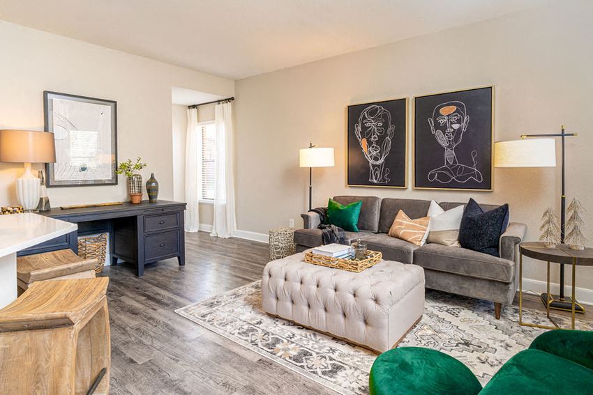living room with grey sofas