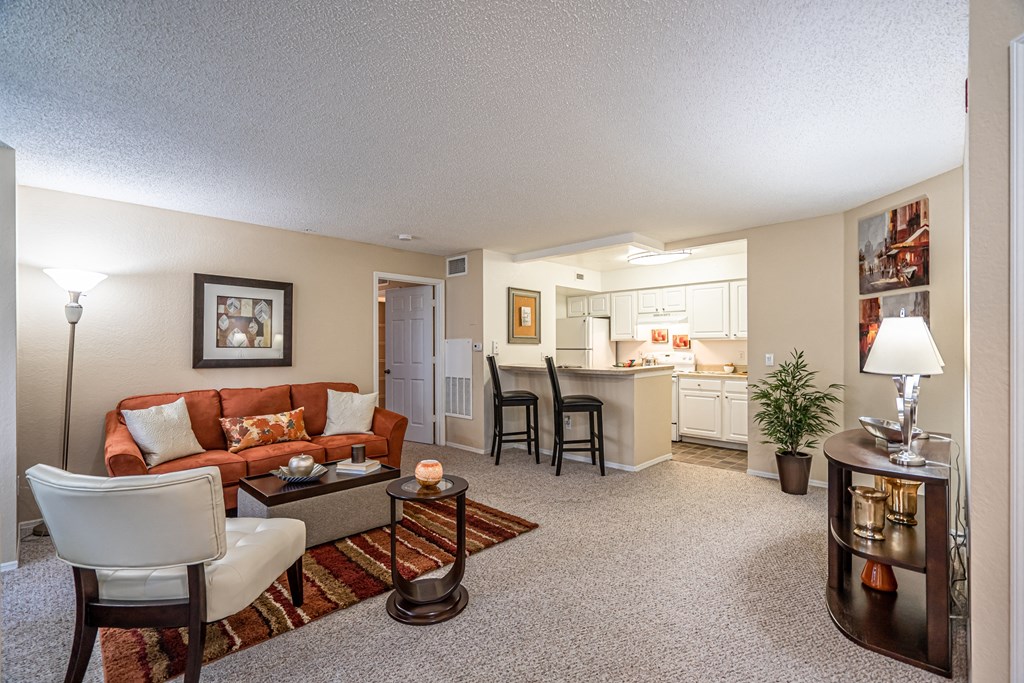 Model apartment home living room and kitchen