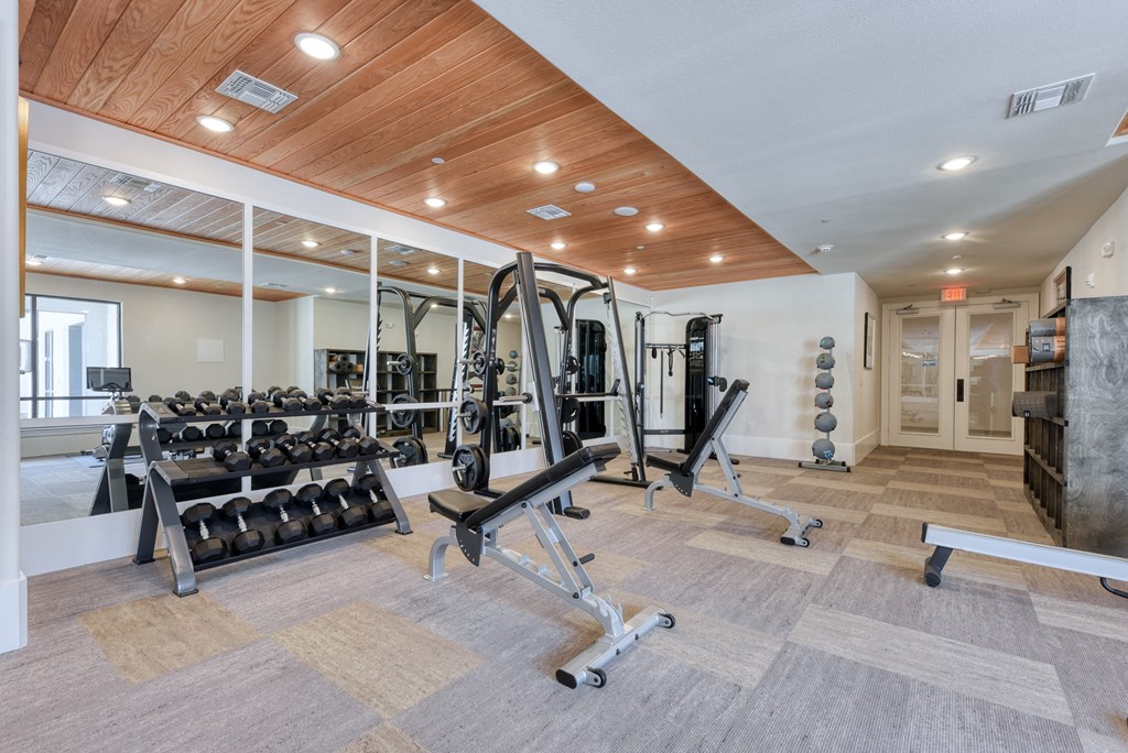 a gym with weights and a lot of mirrors on the wall