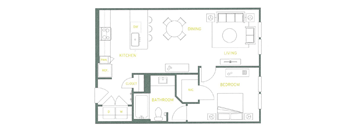 A floor plan of a house with labeled rooms such as kitchen, living room, and bathroom.