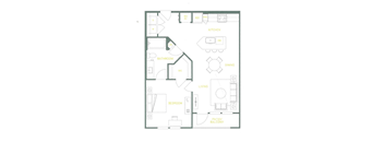 A floor plan of a house with a kitchen, dining, living room, bathroom, bedroom, and patio/balcony.