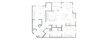 A floor plan of a house with labeled rooms such as kitchen, living room, and bathroom.