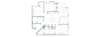 A floor plan of a house with labeled rooms such as bedrooms, a kitchen, and a living room.